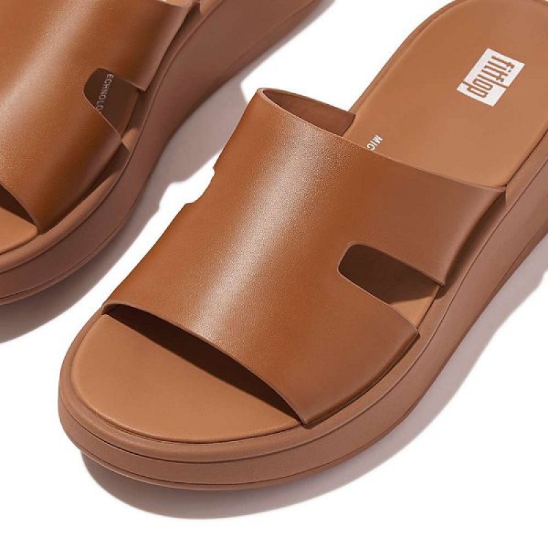 Women's FitFlop F-Mode Raw Edge Leather Flatform H Bar Slides Light Brown | 369ZCNDVW