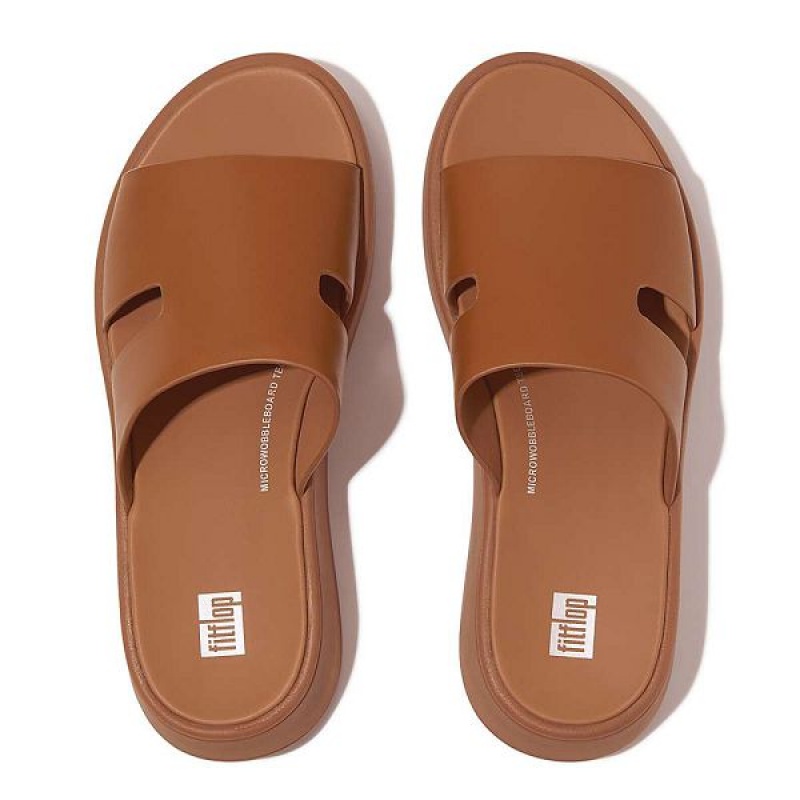 Women's FitFlop F-Mode Raw Edge Leather Flatform H Bar Slides Light Brown | 369ZCNDVW