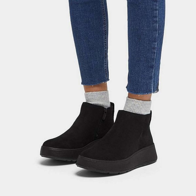 Women's FitFlop F-Mode Suede Flatform Zip Ankle Boots Black | 294GLCAKH