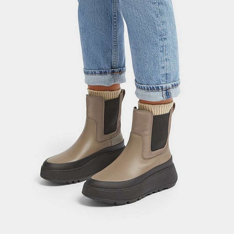 Women's FitFlop F-Mode Water Resistant Fabric Leather Flatform Chelsea Boots Grey | 074WPNVFJ