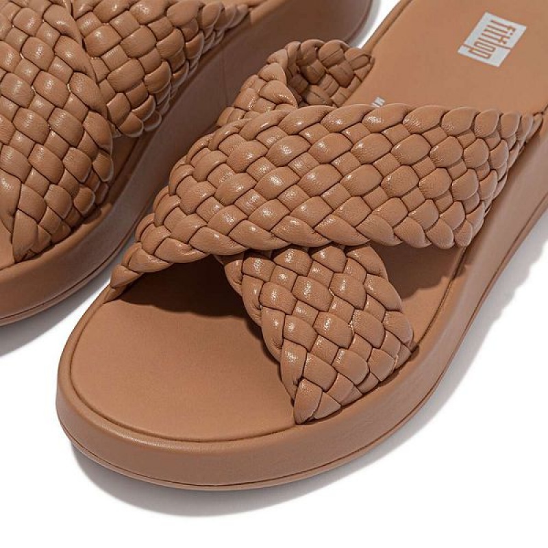 Women's FitFlop F-Mode Woven Leather Flatform Cross Slides Brown | 438UNHOAZ