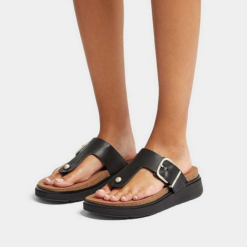 Women's FitFlop Gen-Ff Buckle Leather Toe-Post Sandals Black | 654QEGSWF