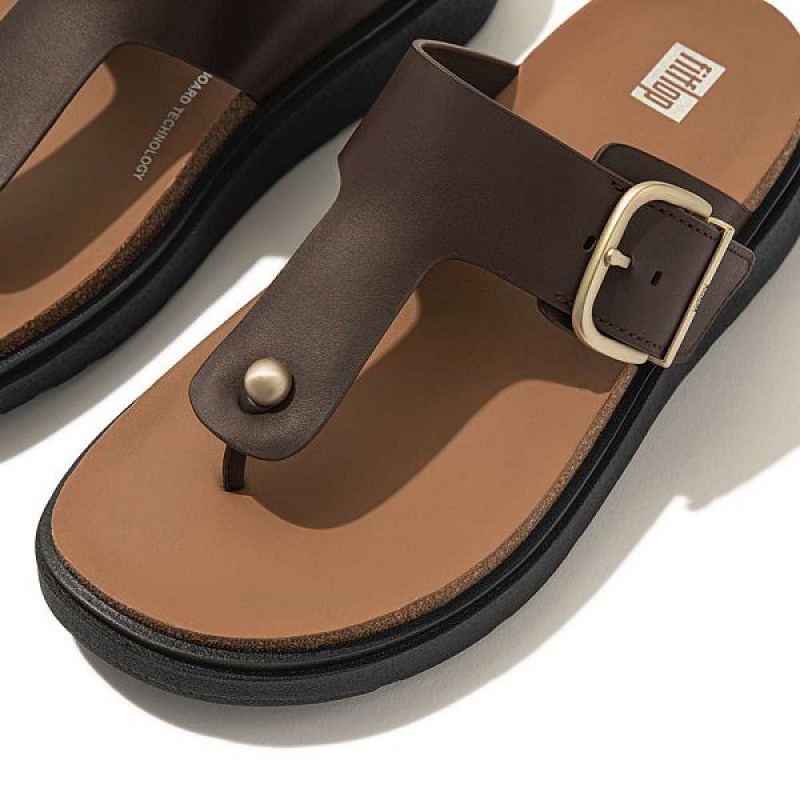 Women's FitFlop Gen-Ff Buckle Leather Toe-Post Sandals Brown | 693JFBMCL