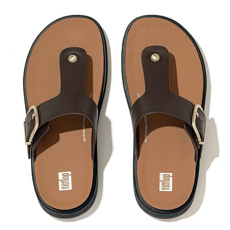 Women's FitFlop Gen-Ff Buckle Leather Toe-Post Sandals Brown | 693JFBMCL