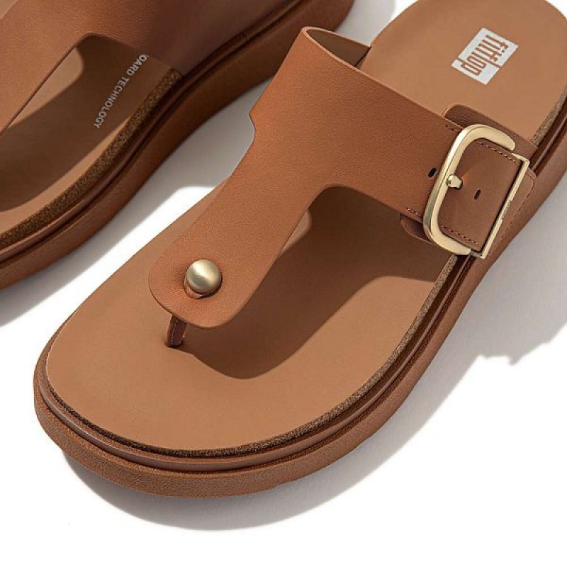 Women's FitFlop Gen-Ff Buckle Leather Toe-Post Sandals Light Brown | 803UXGEKV