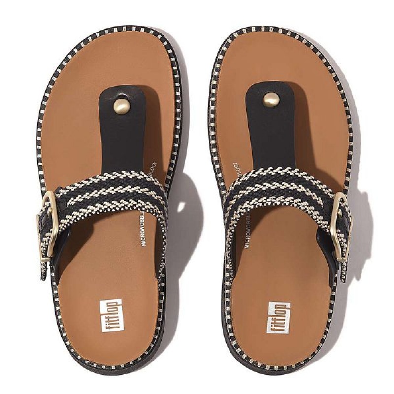 Women's FitFlop Gen-Ff Buckle Stripe Weave Toe-Post Sandals Black | 024YNFLMA