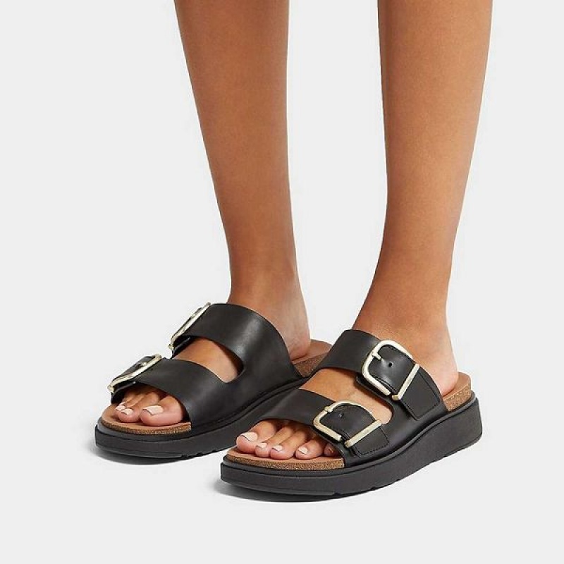 Women's FitFlop Gen-Ff Buckle Two Bar Leather Slides Black | 980PDHNKT