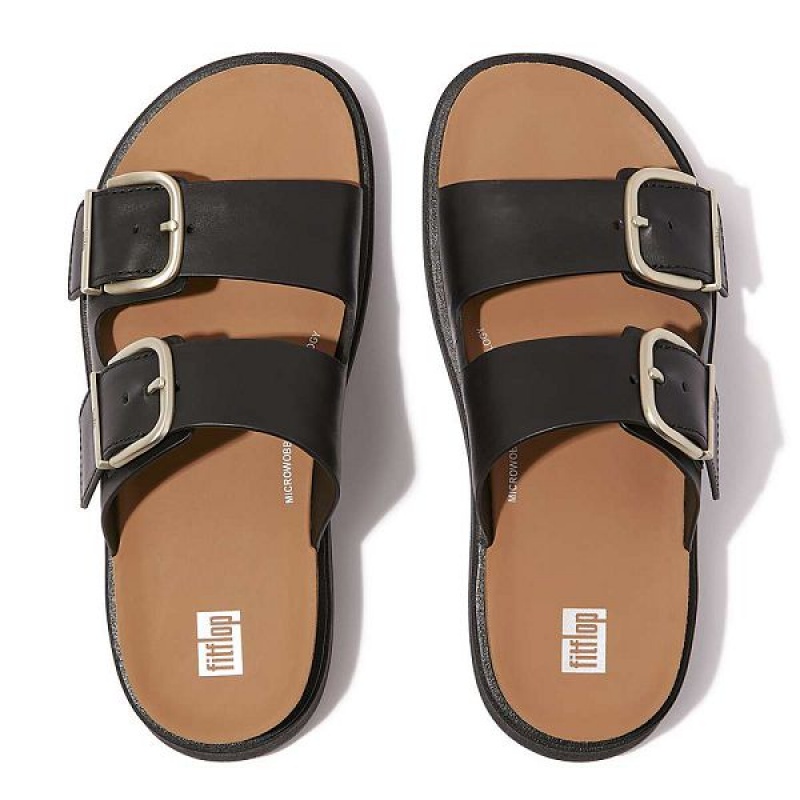 Women's FitFlop Gen-Ff Buckle Two Bar Leather Slides Black | 980PDHNKT