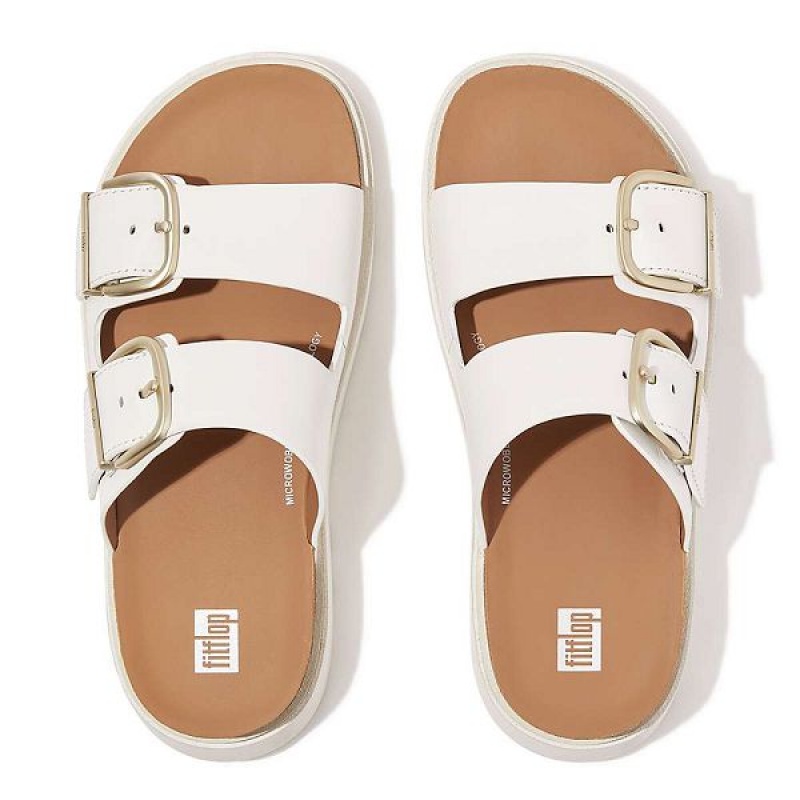 Women's FitFlop Gen-Ff Buckle Two Bar Leather Slides White | 205OCRUGH