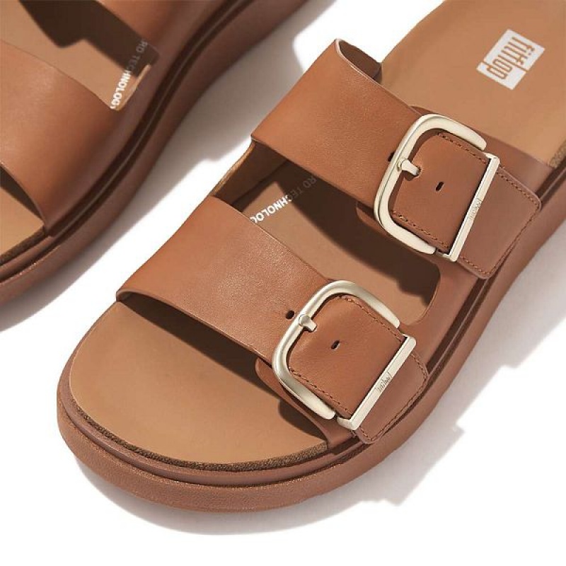 Women's FitFlop Gen-Ff Buckle Two Bar Leather Slides Light Brown | 507FLCIGB