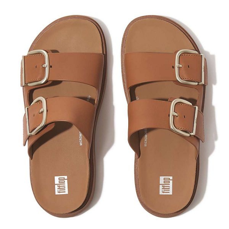 Women's FitFlop Gen-Ff Buckle Two Bar Leather Slides Light Brown | 507FLCIGB