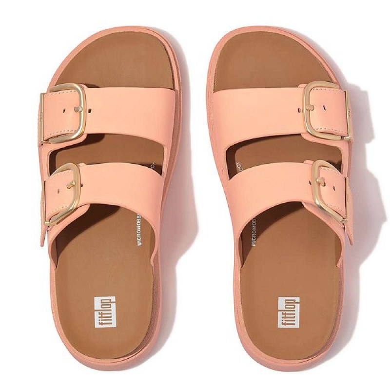 Women's FitFlop Gen-Ff Buckle Two Bar Leather Slides Brown / Coral | 283QTCWSE