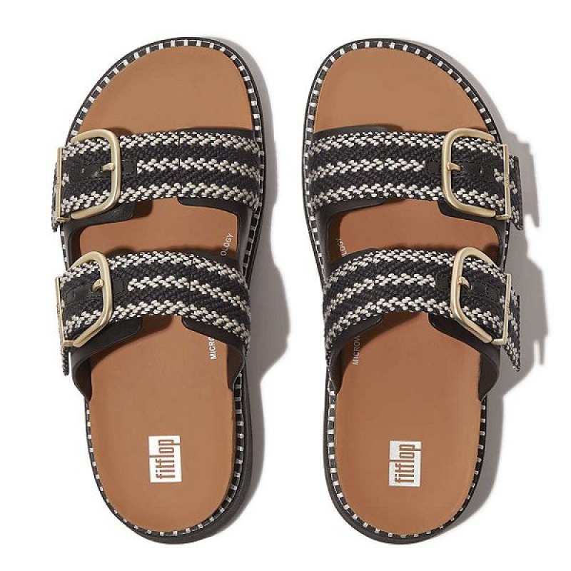 Women's FitFlop Gen-Ff Buckle Two Bar Stripe Weave Slides Black | 769ITZXHJ