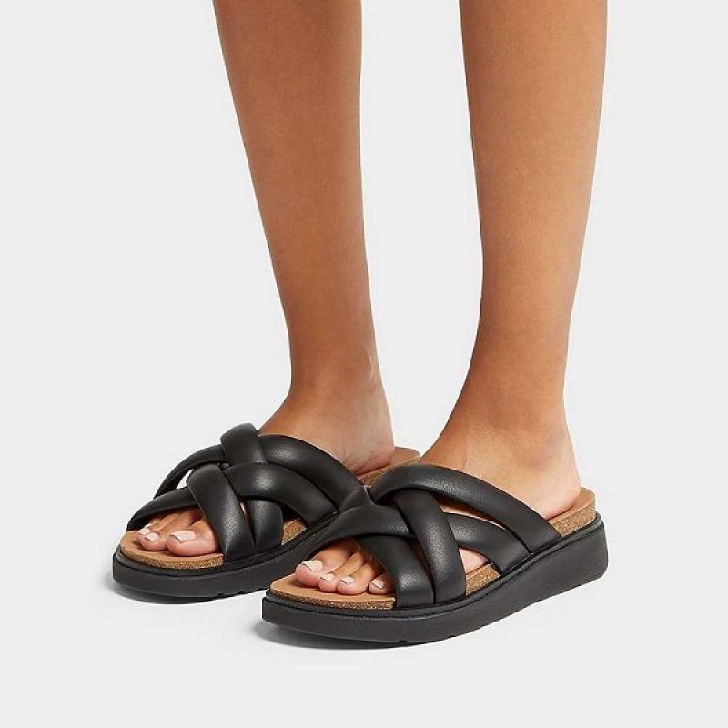 Women's FitFlop Gen-Ff Padded Strap Leather Slides Black | 146CBNDSQ