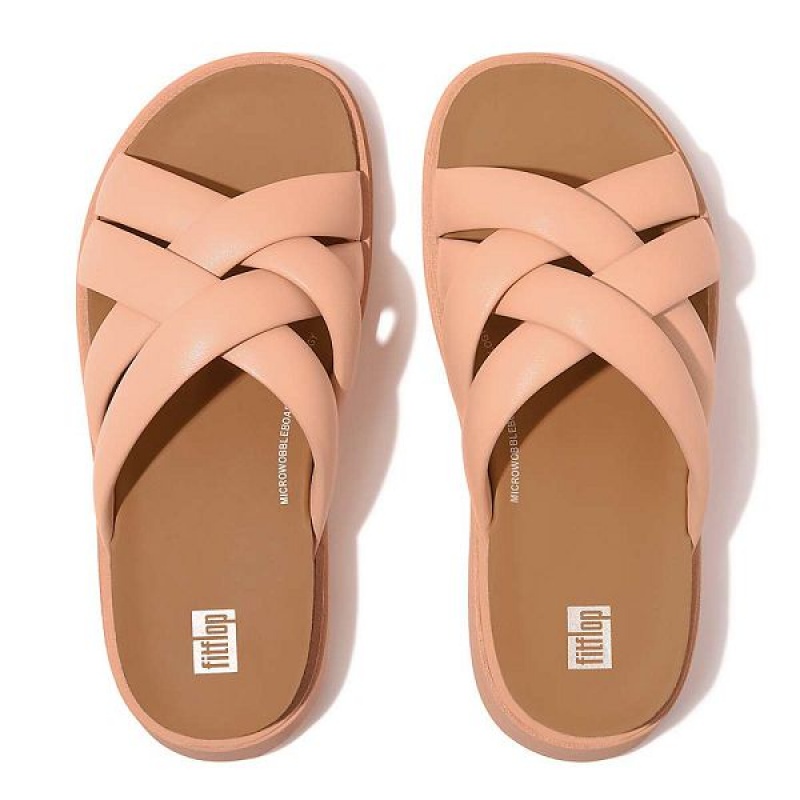 Women's FitFlop Gen-Ff Padded Strap Leather Slides Brown / Coral | 754MDYBUJ