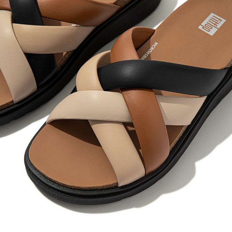 Women's FitFlop Gen-Ff Padded Strap Leather Slides Beige / Black | 608DWVZER