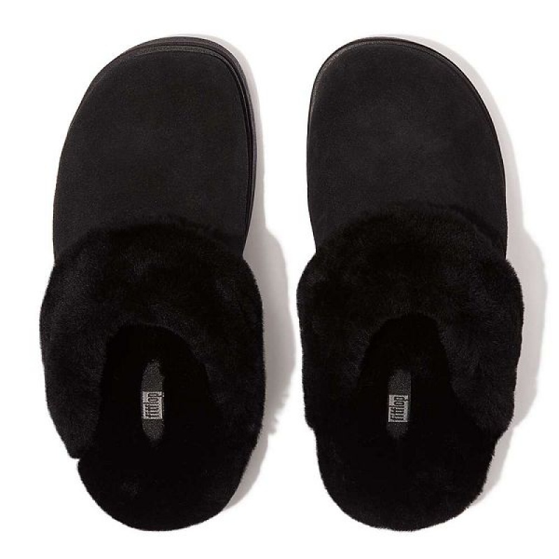 Women's FitFlop Gen-Ff Shearling Collar Suede Slippers Black | 459EKGXVU