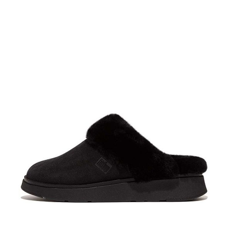 Women\'s FitFlop Gen-Ff Shearling Collar Suede Slippers Black | 459EKGXVU