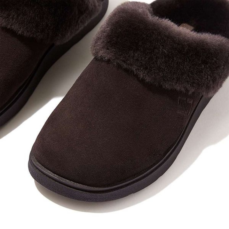 Women's FitFlop Gen-Ff Shearling Collar Suede Slippers Brown | 587DFBOIA