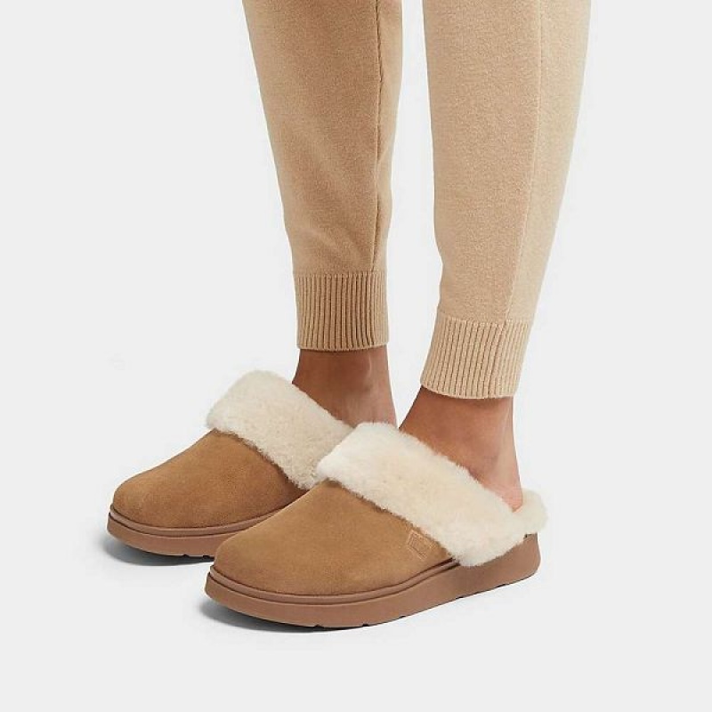 Women's FitFlop Gen-Ff Shearling Collar Suede Slippers Brown | 204NDWLVY