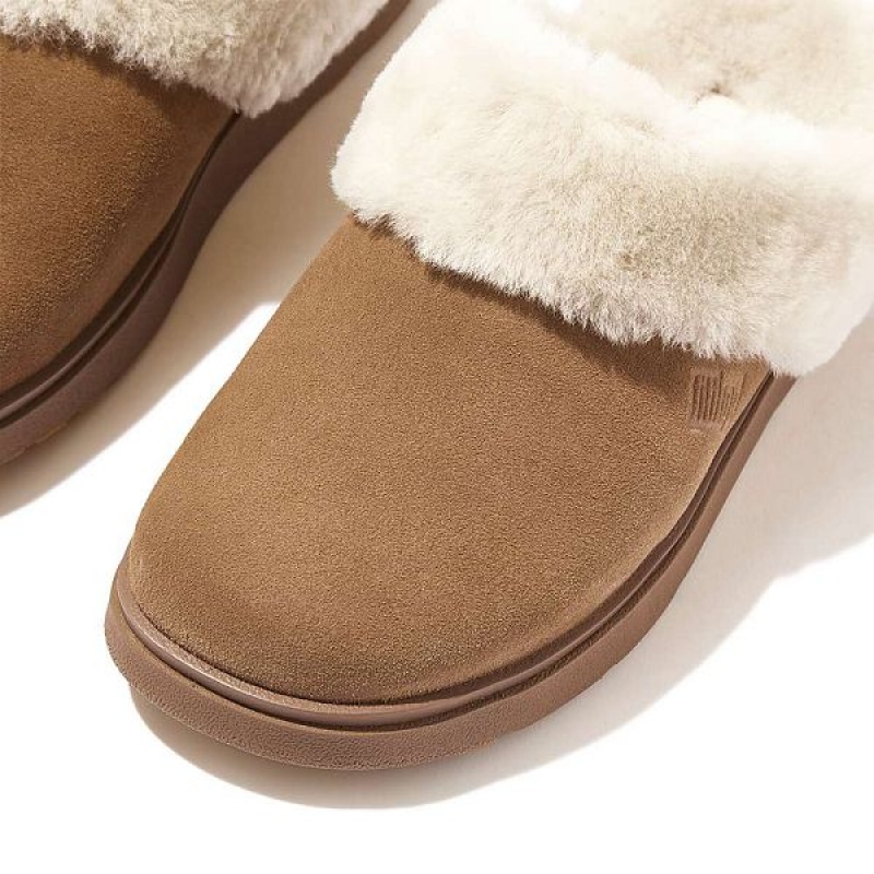 Women's FitFlop Gen-Ff Shearling Collar Suede Slippers Brown | 204NDWLVY