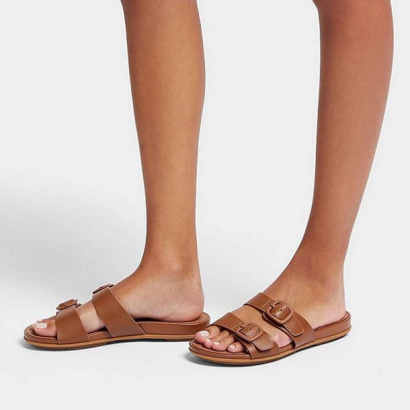 Women's FitFlop Gracie Buckle Two Bar Leather Slides Brown | 201SILGJB