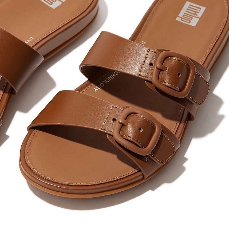 Women's FitFlop Gracie Buckle Two Bar Leather Slides Brown | 201SILGJB