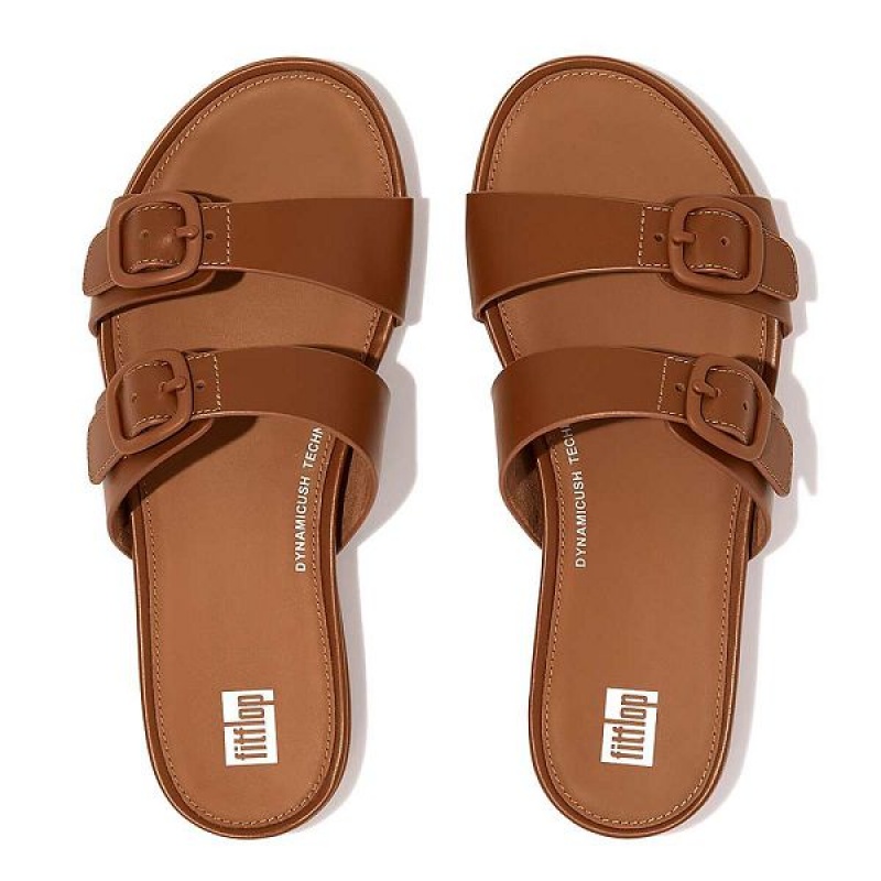 Women's FitFlop Gracie Buckle Two Bar Leather Slides Brown | 201SILGJB