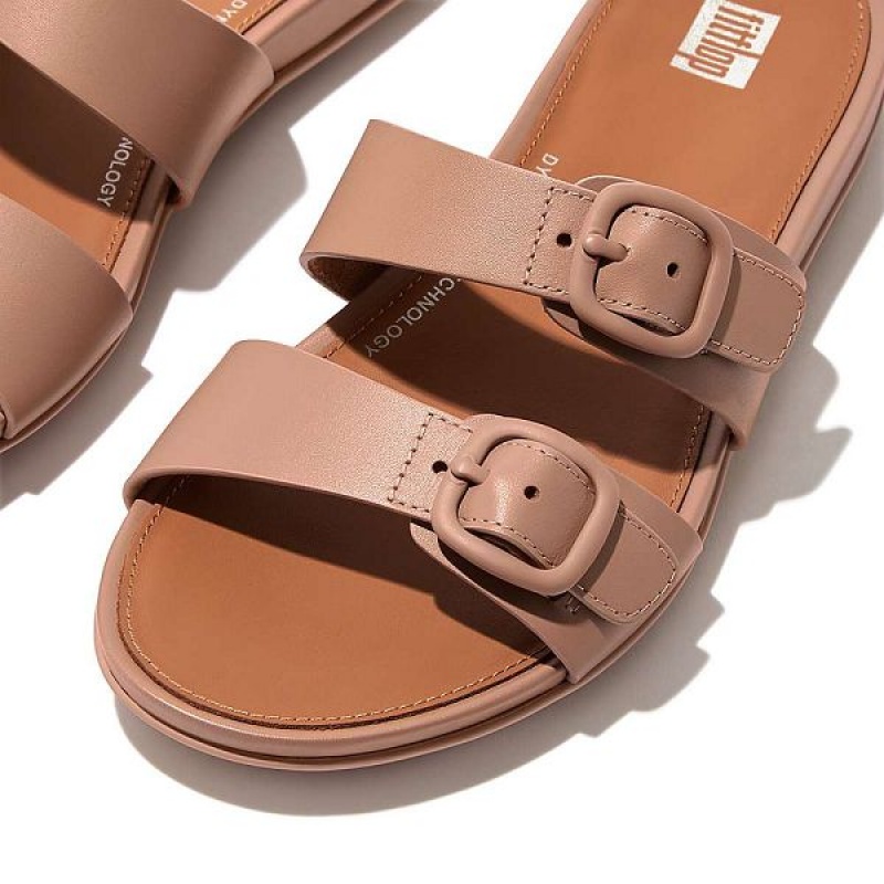 Women's FitFlop Gracie Buckle Two Bar Leather Slides Beige | 709BWAECI