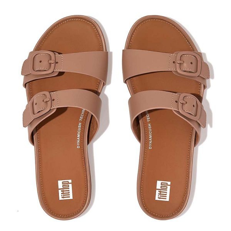 Women's FitFlop Gracie Buckle Two Bar Leather Slides Beige | 709BWAECI