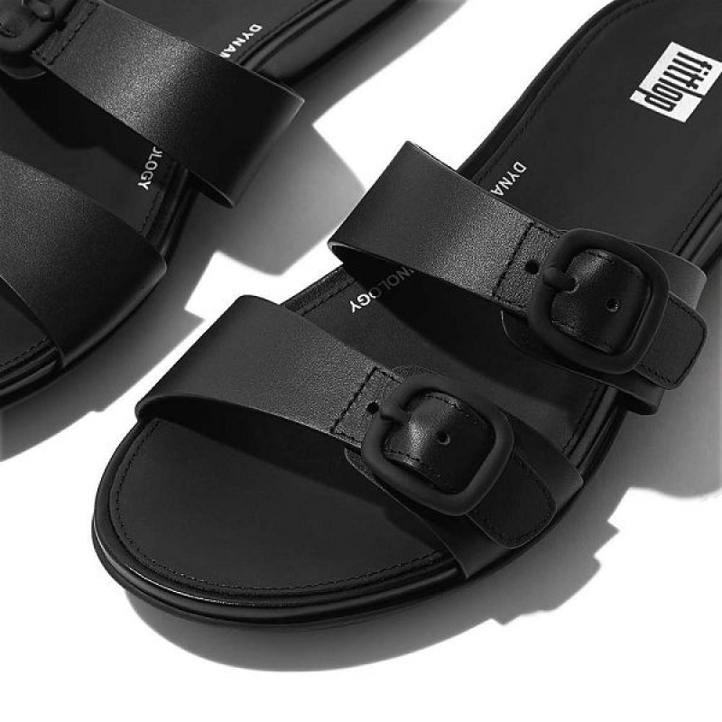 Women's FitFlop Gracie Buckle Two Bar Leather Slides Black | 807RTBXNK