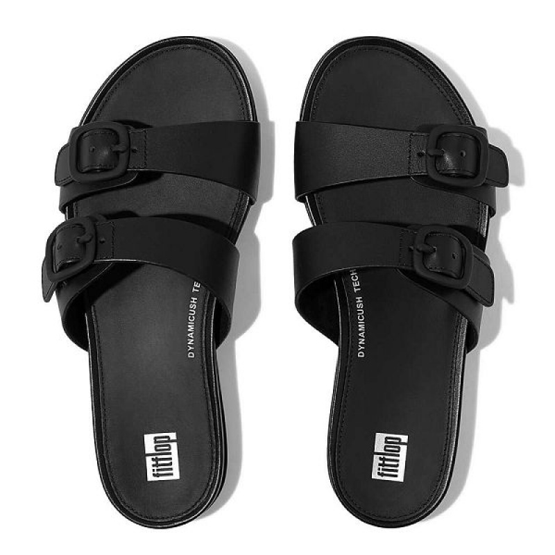 Women's FitFlop Gracie Buckle Two Bar Leather Slides Black | 807RTBXNK