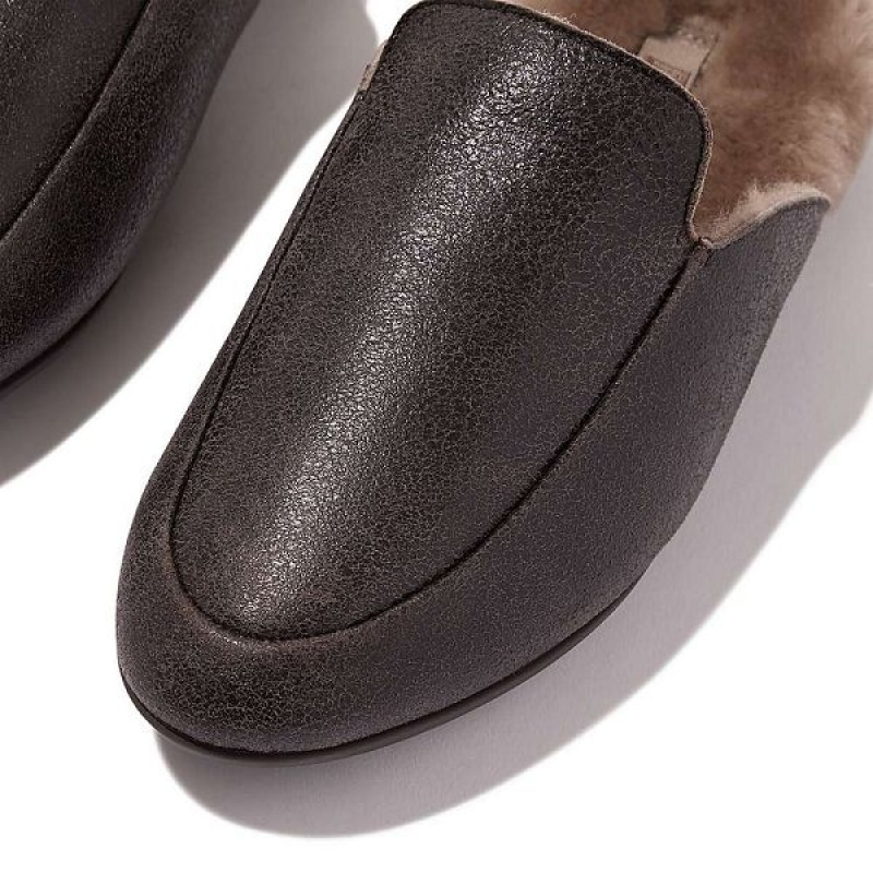 Women's FitFlop Gracie Double Faced Shearling Leather Mules Chocolate | 986RVZXJI