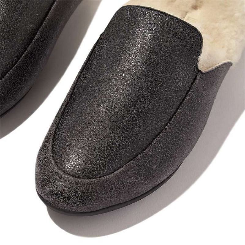 Women's FitFlop Gracie Double Faced Shearling Leather Mules Black | 253GUHNJO