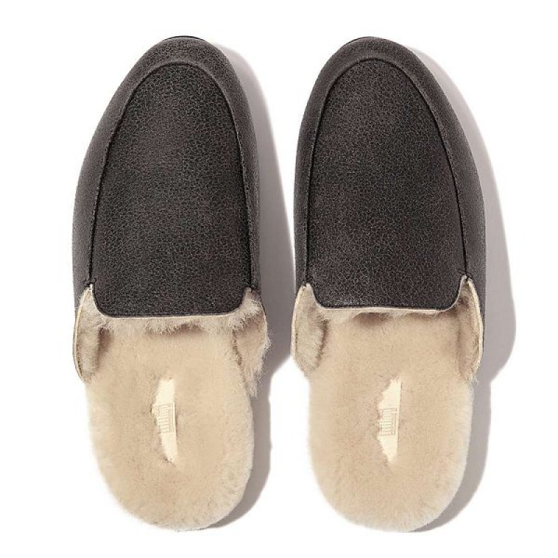 Women's FitFlop Gracie Double Faced Shearling Leather Mules Black | 253GUHNJO