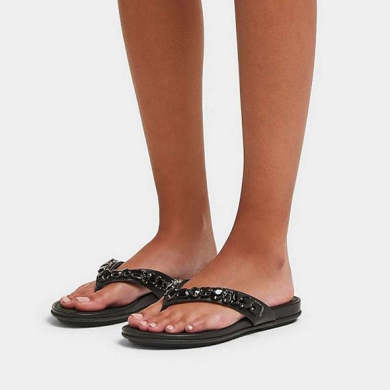 Women's FitFlop Gracie Jewel Deluxe Leather Flip Flops Black | 461ZCMHLT