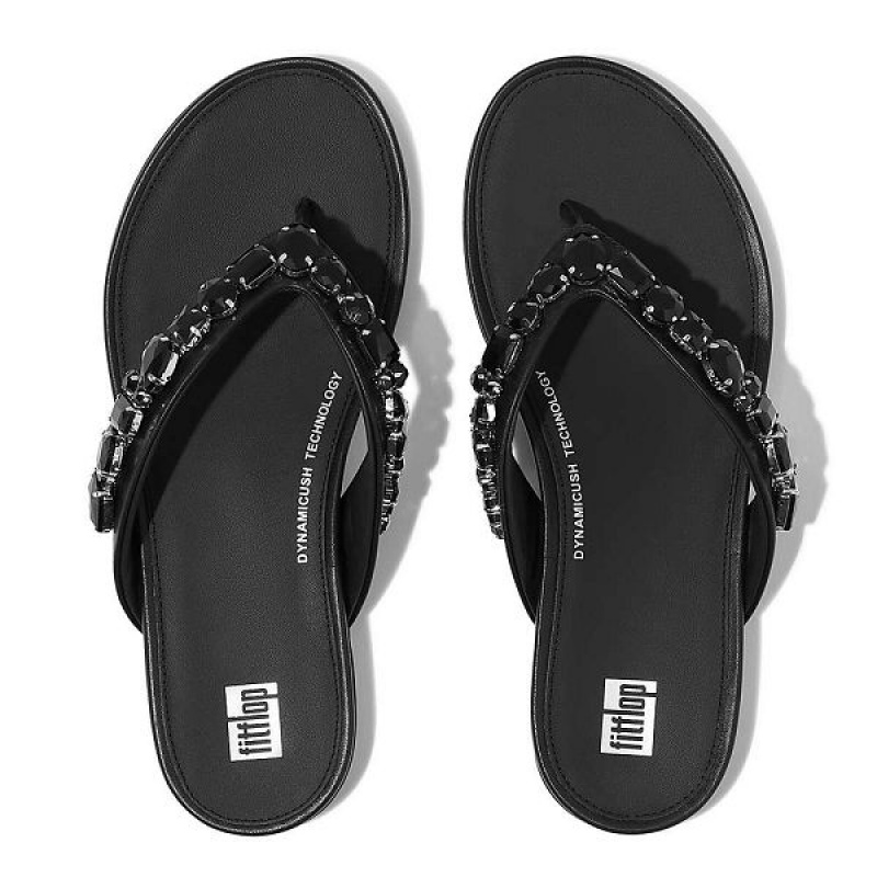 Women's FitFlop Gracie Jewel Deluxe Leather Flip Flops Black | 461ZCMHLT