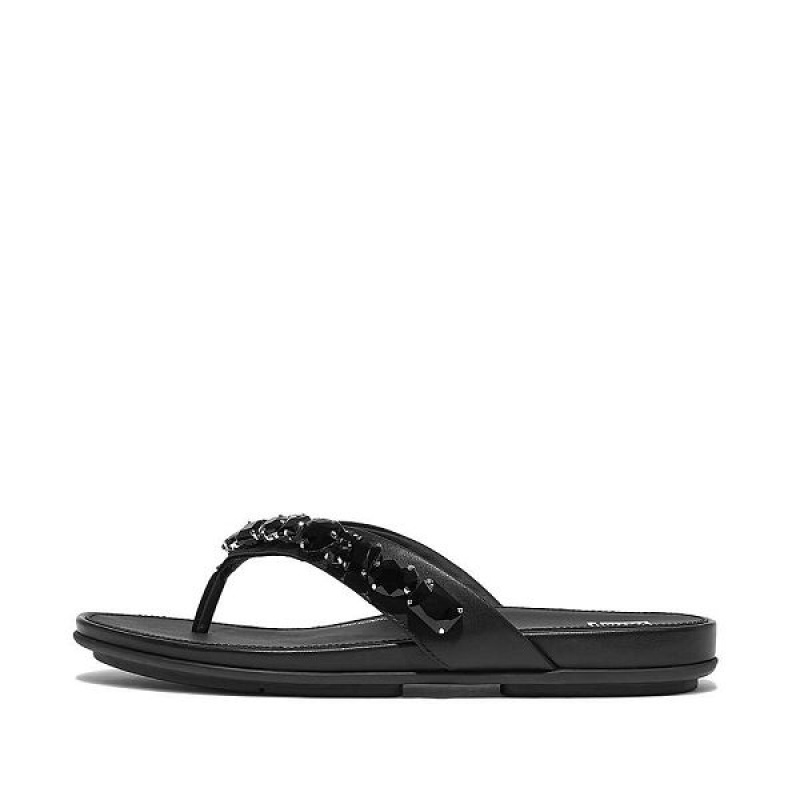 Women\'s FitFlop Gracie Jewel Deluxe Leather Flip Flops Black | 461ZCMHLT