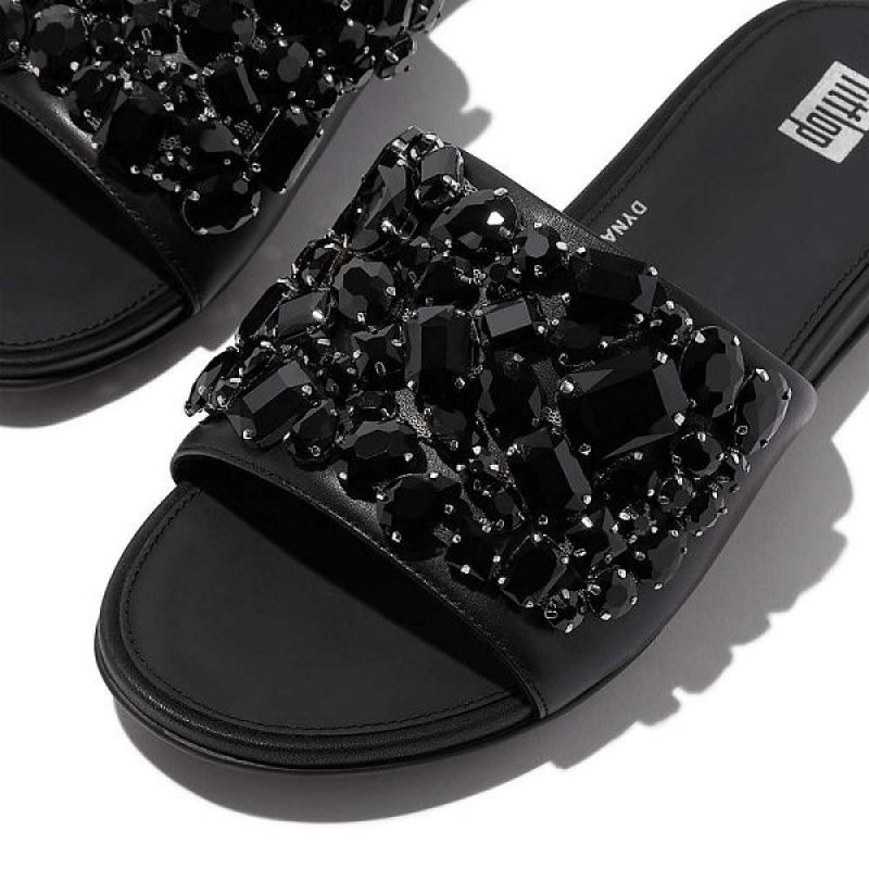 Women's FitFlop Gracie Jewel Deluxe Leather Slides Black | 542PERJGK