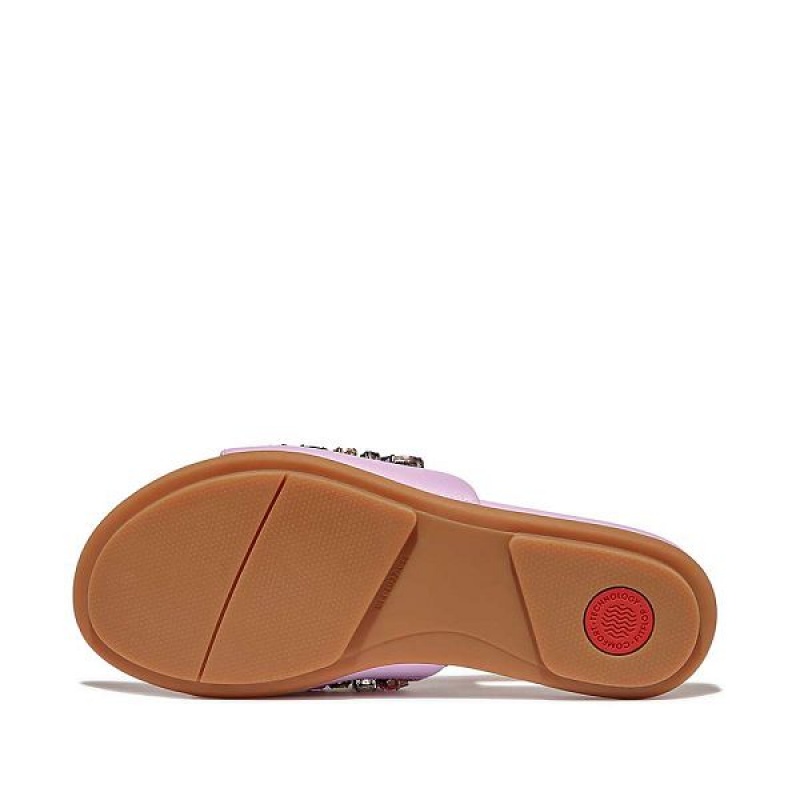 Women's FitFlop Gracie Jewel Deluxe Leather Slides Purple | 427WRSDOF