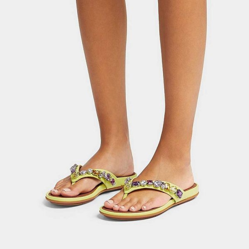 Women's FitFlop Gracie Jewel Deluxe Leather Flip Flops Light Green | 530MFIPTW