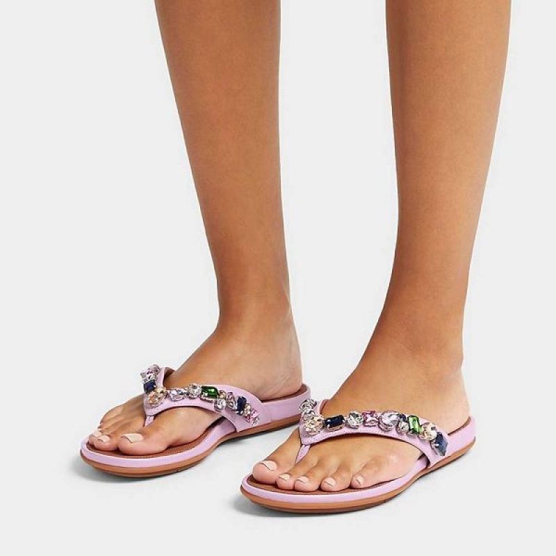 Women's FitFlop Gracie Jewel Deluxe Leather Flip Flops Purple | 967BCXIKT