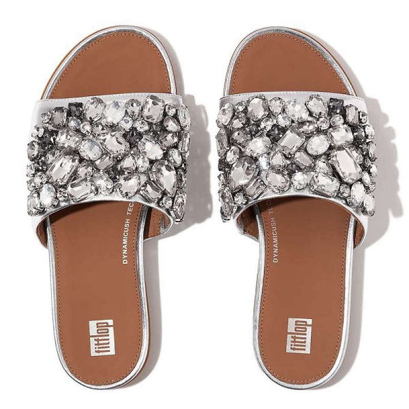 Women's FitFlop Gracie Jewel Deluxe Metallic Leather Slides Silver | 984EHOFIS