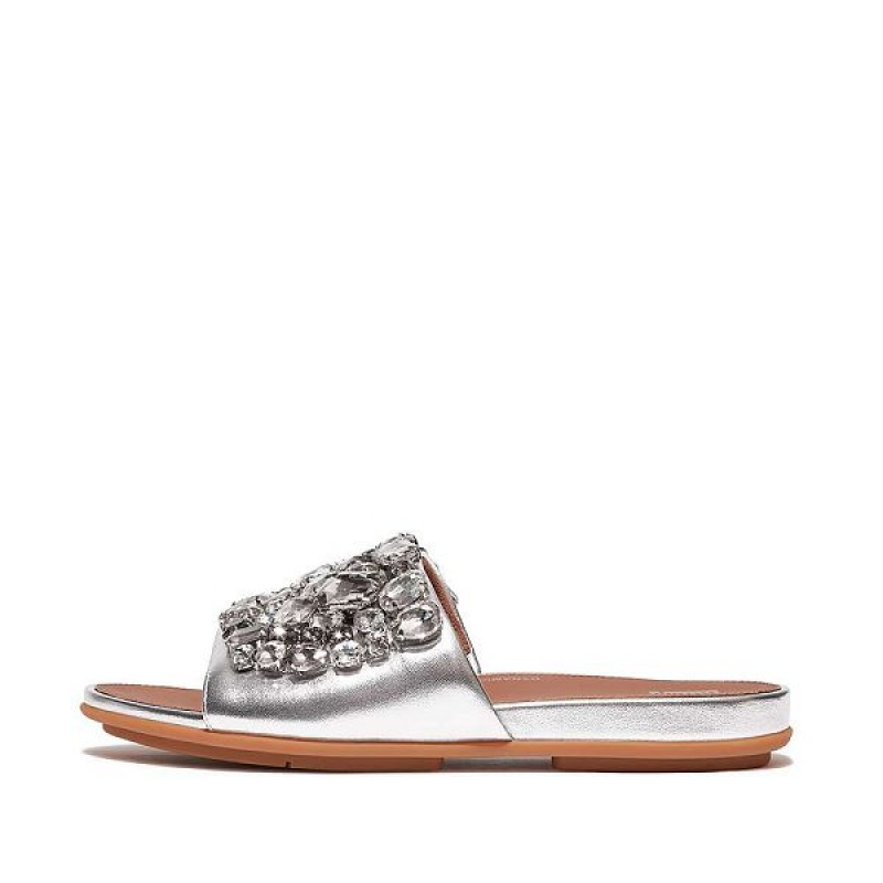 Women\'s FitFlop Gracie Jewel Deluxe Metallic Leather Slides Silver | 984EHOFIS