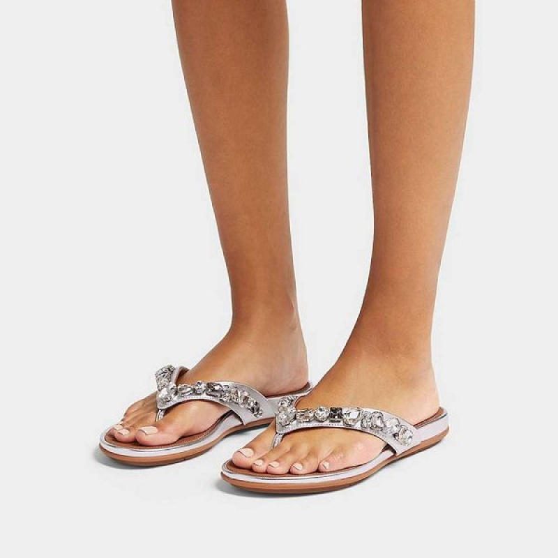 Women's FitFlop Gracie Jewel Deluxe Metallic Leather Flip Flops Silver | 984JILNRT