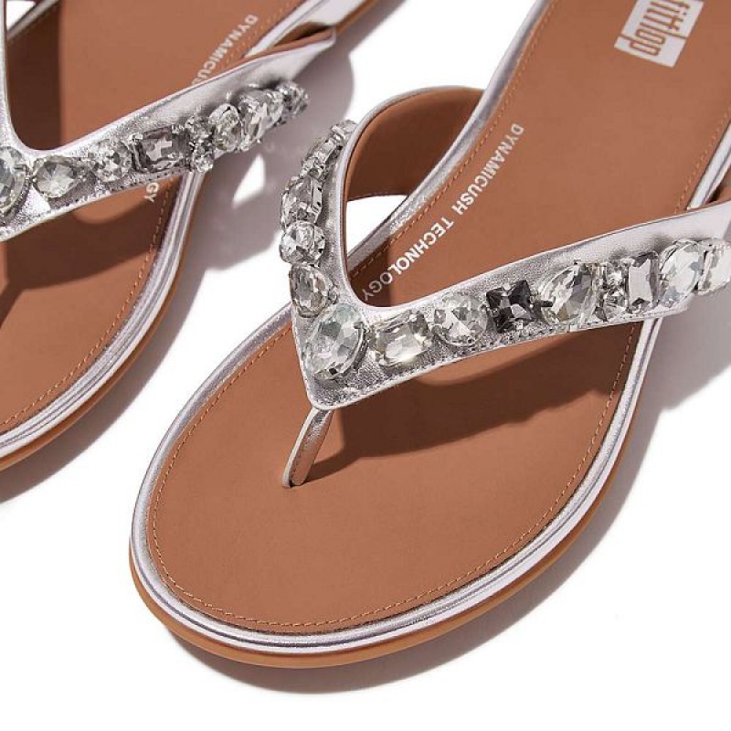 Women's FitFlop Gracie Jewel Deluxe Metallic Leather Flip Flops Silver | 984JILNRT