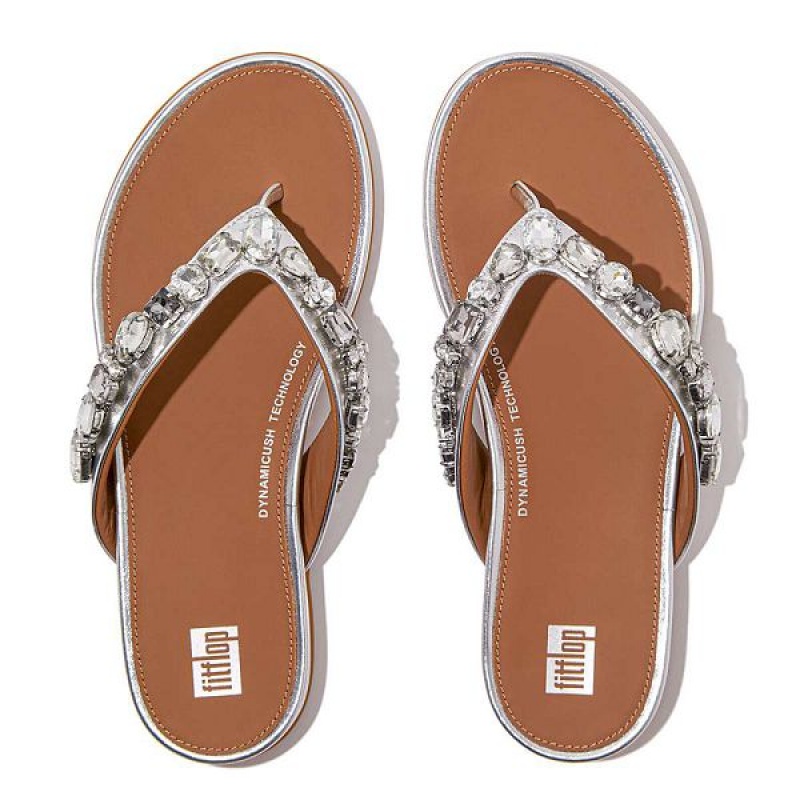 Women's FitFlop Gracie Jewel Deluxe Metallic Leather Flip Flops Silver | 984JILNRT