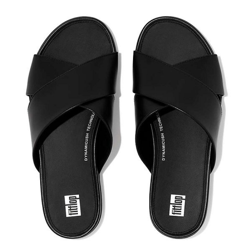 Women's FitFlop Gracie Leather Cross Slides Black | 937OIWFXZ