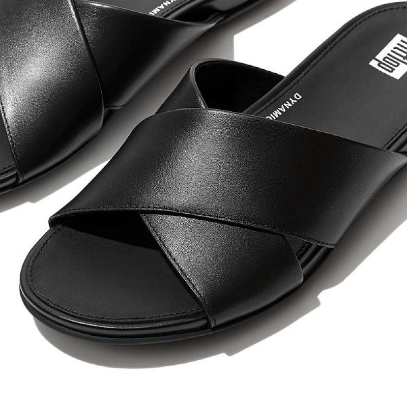 Women's FitFlop Gracie Leather Cross Slides Black | 937OIWFXZ