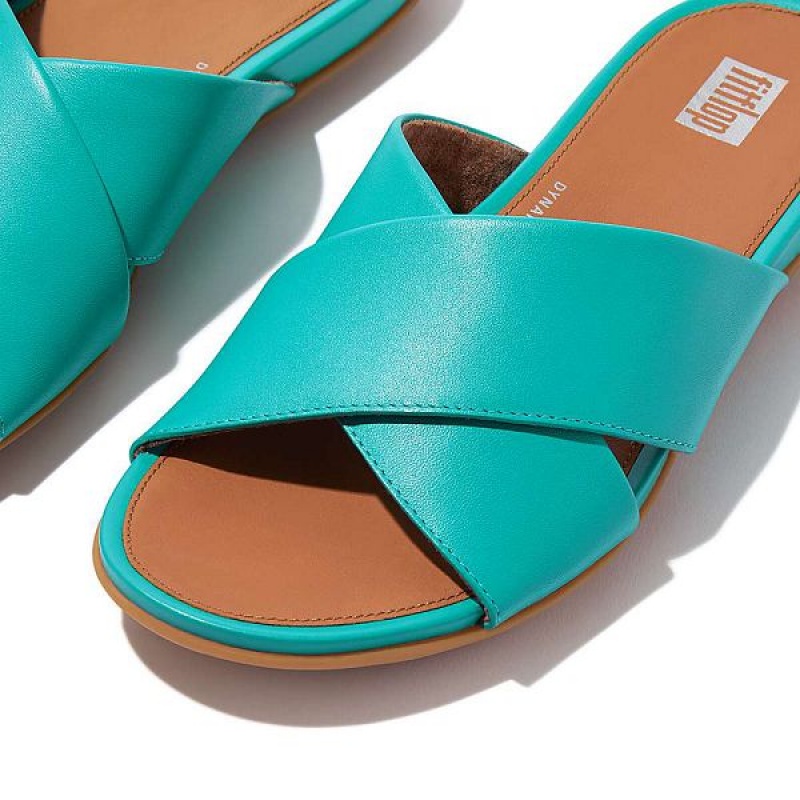 Women's FitFlop Gracie Leather Cross Slides Blue | 832QZDSKV